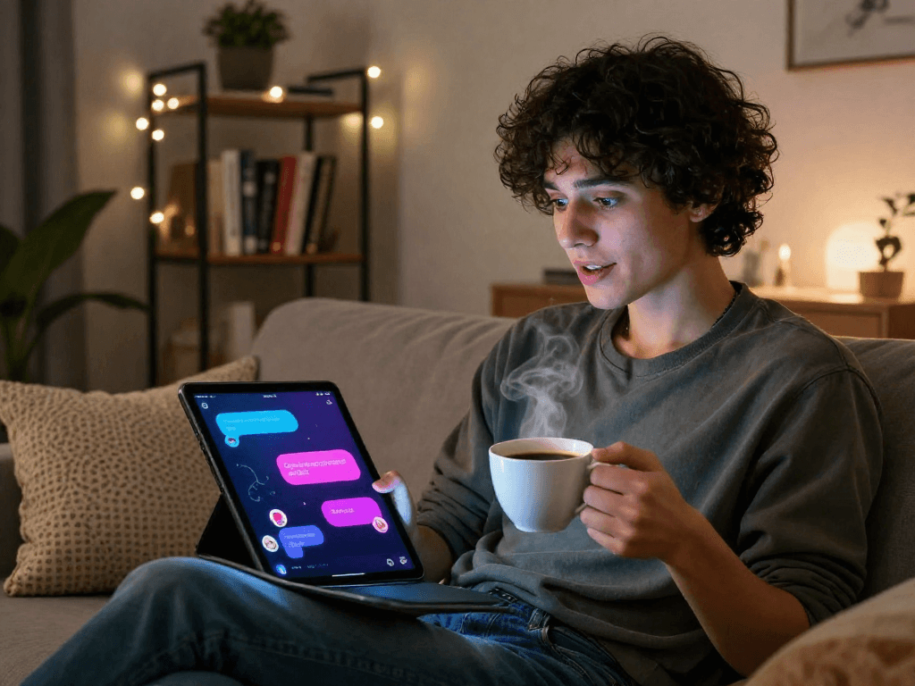 Cozy living room scene with a person using sex chat AI on a tablet, reflecting playful digital interaction.