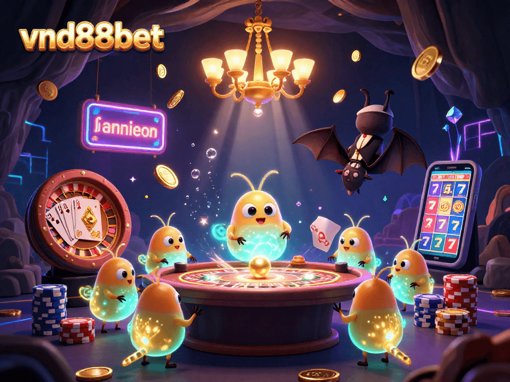 Play exciting casino games with vnd88bet, illuminated by glowworms in a vibrant 3D cave casino art.