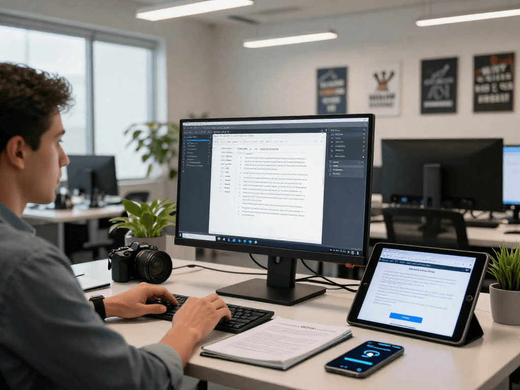 Document fraud detection analysis in a modern office setting with advanced digital tools.