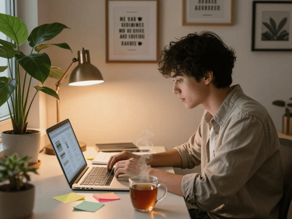 Young professional using slut ai in a cozy home office, showcasing creativity and focus.