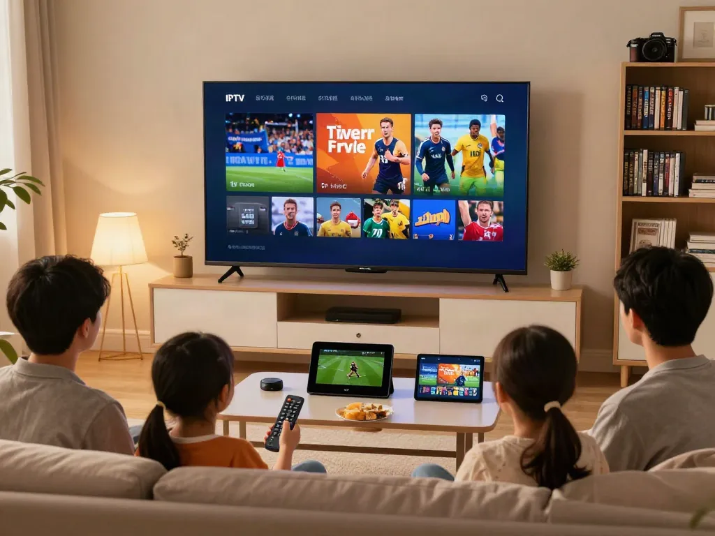 Family enjoying test iptv on a modern home entertainment system with 4K streaming