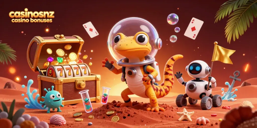 Experience incredible casinosnz casino bonuses with a Martian gecko and robot discovering riches.