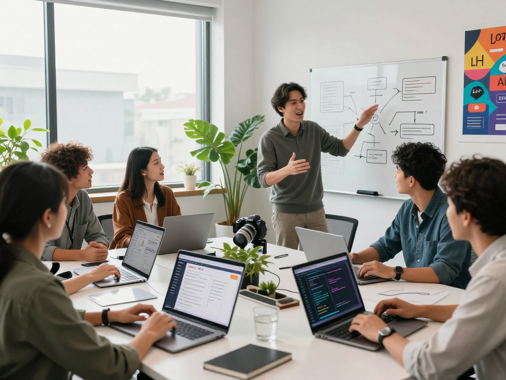 Collaborative team developing spicy AI chat solutions in a modern workspace.
