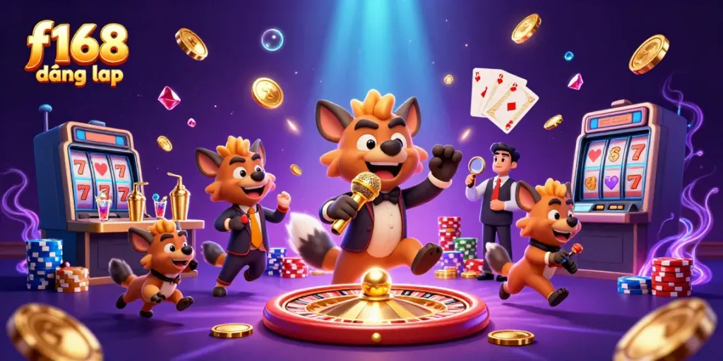 Join the fun at f168 đăng nhập with our vibrant casino scene featuring hyenas in action.