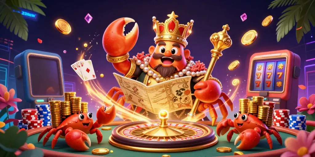Experience 28bet's vibrant casino atmosphere with the golden crab emperor and treasure!