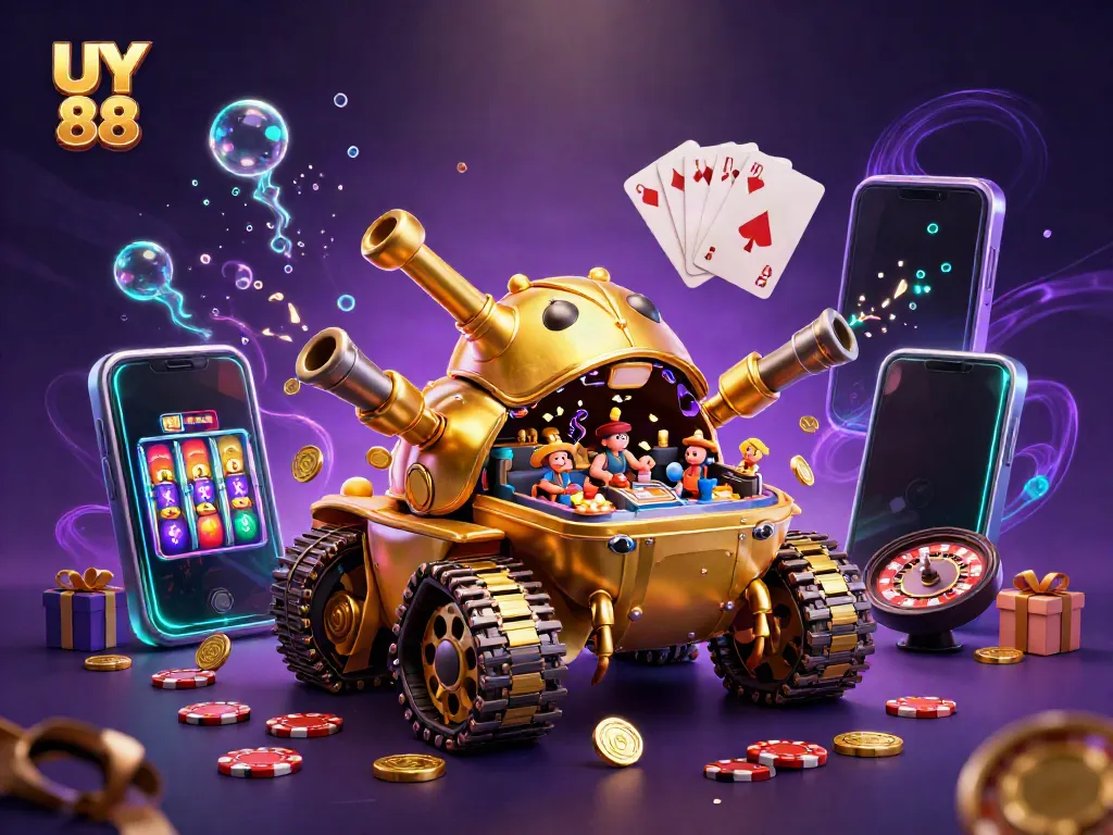 Experience the exciting virtual casino world of UY 88 with a dynamic 3D illustration showcasing gaming elements.