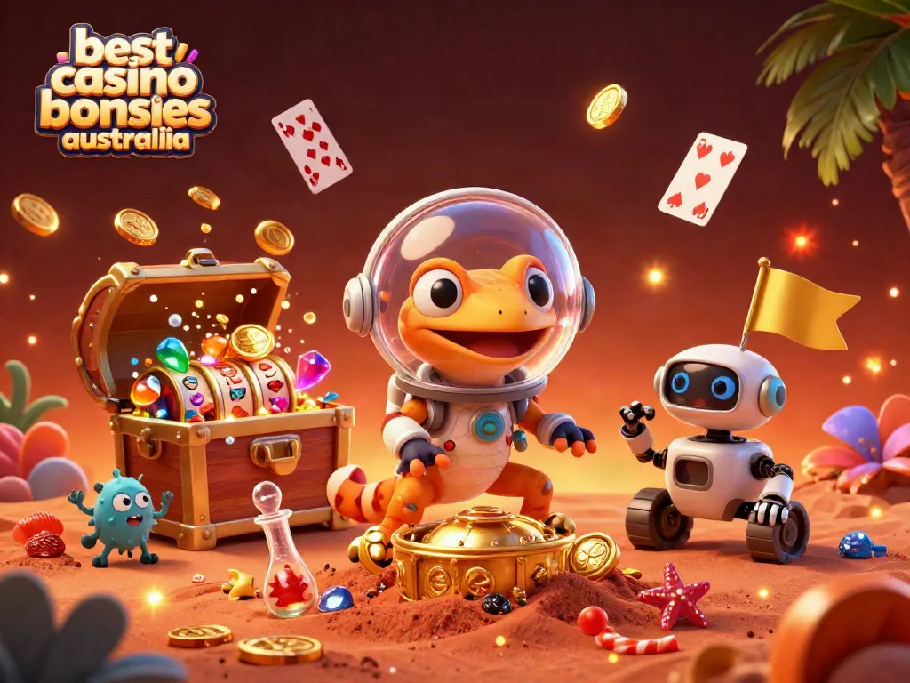 Experience the best casino bonuses Australia with a Martian gecko discovering a hidden casino amid vibrant treasures.