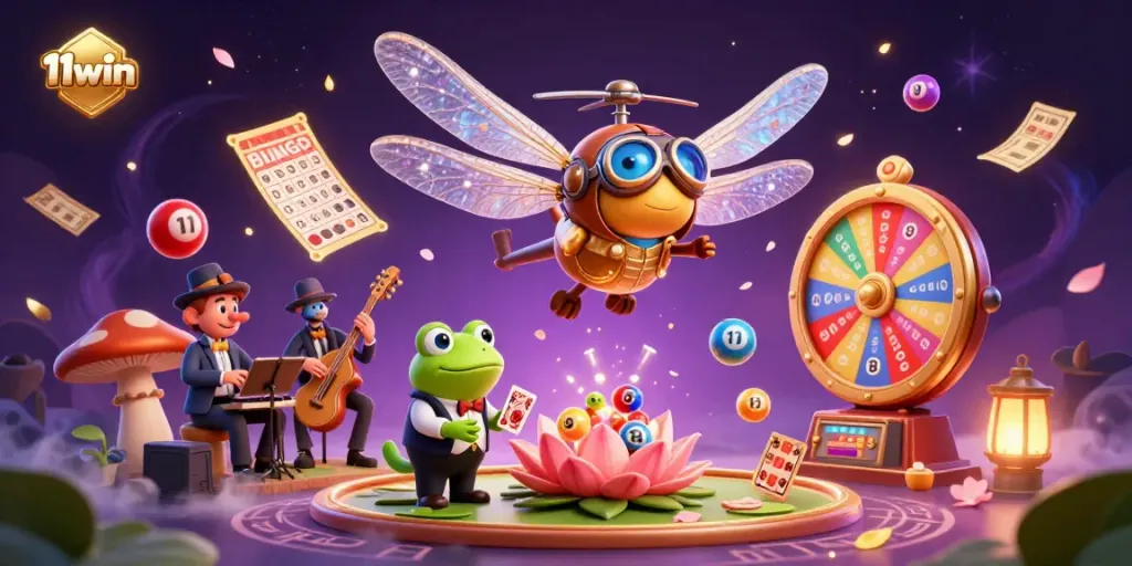 Experience the vibrant energy of 11win casino with dynamic lottery balls and colorful characters.