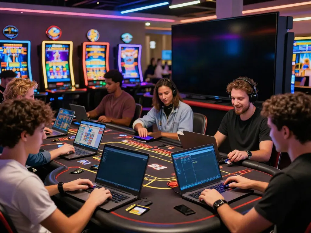 Exciting scene at credit card casinos with players enjoying games and showcasing transactions.