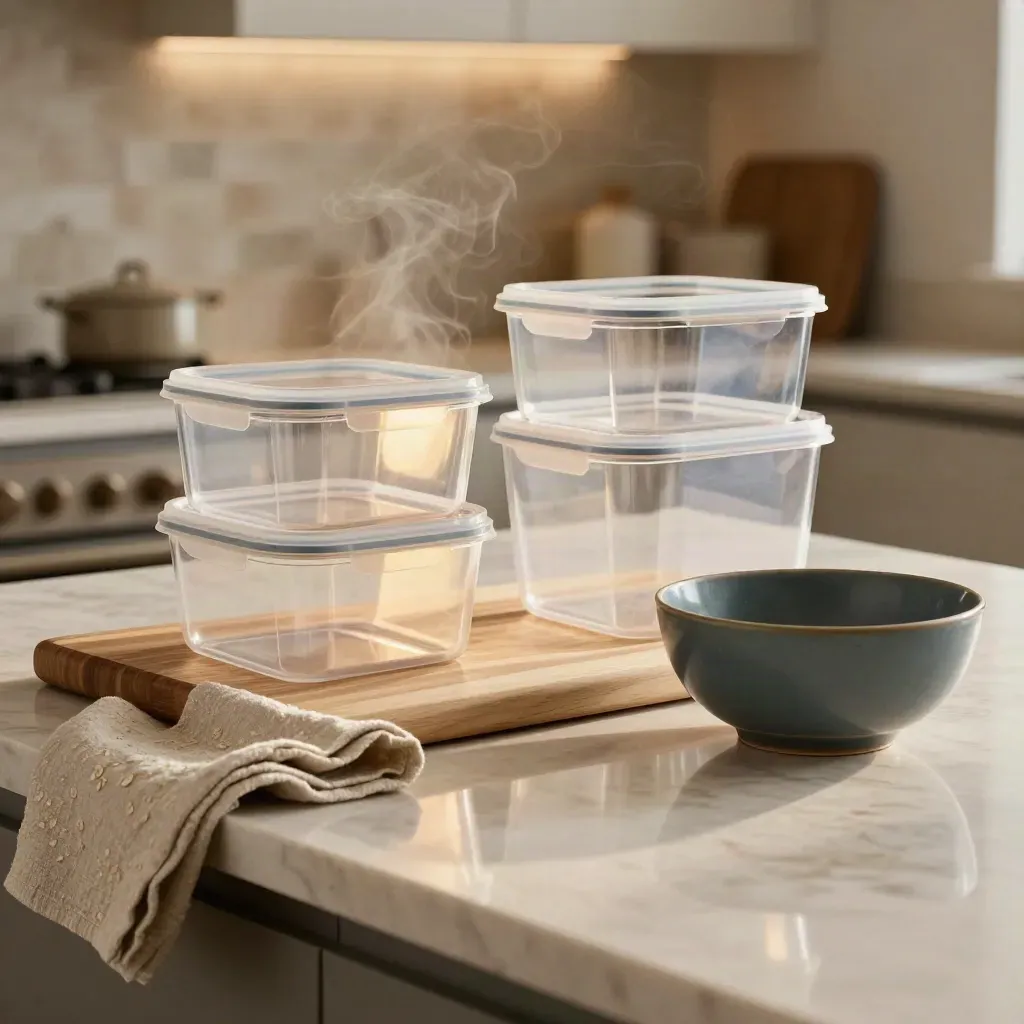 Set cucina in offerta su marmo crema: contenitori, tagliere, ciotola petrolio e lino.