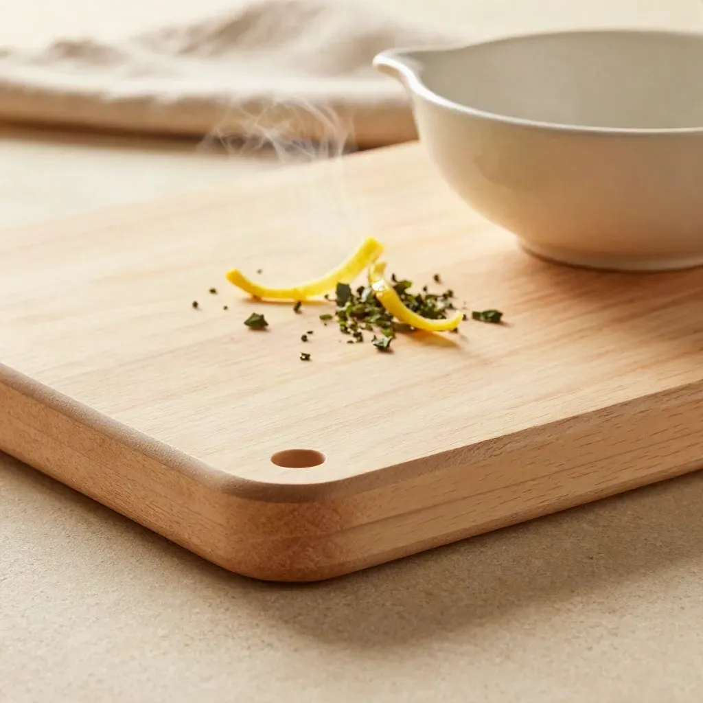 Tagliere pieghevole in legno chiaro con erbe tritate, scorza di limone e ciotolina
