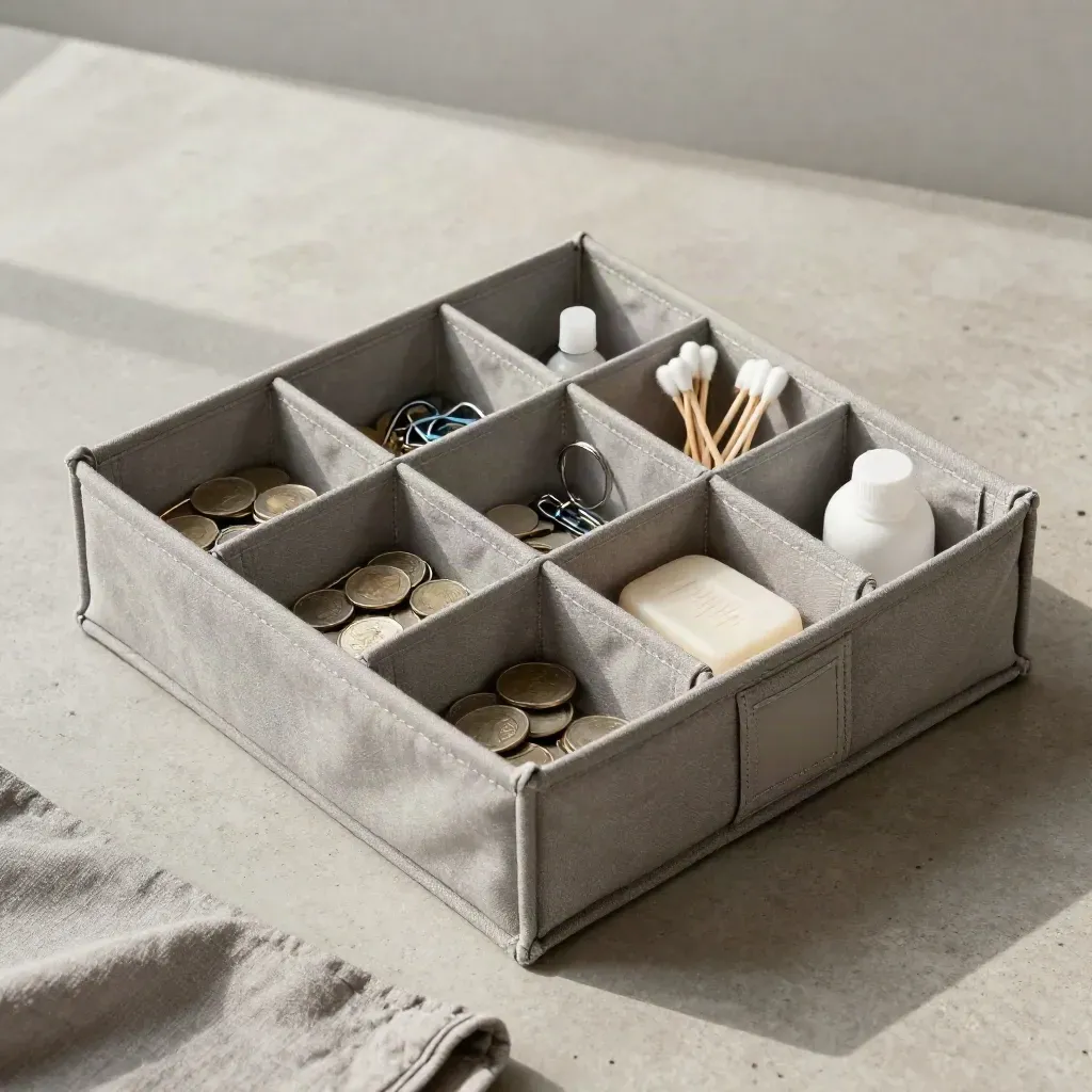 Organizzatore da cassetto in tessuto con monete, chiavi e piccoli accessori bagno su lino grezzo.