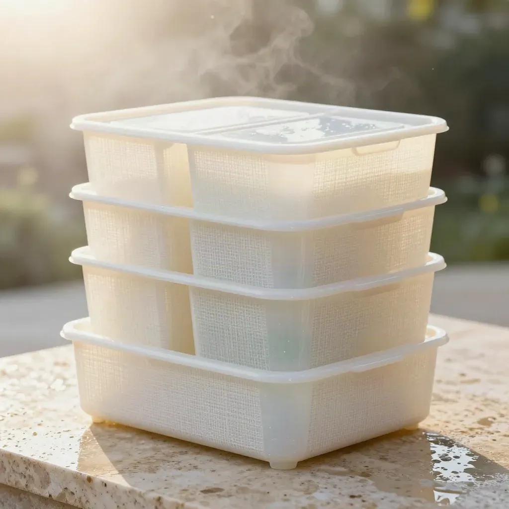 Set organizer casa in cinque pezzi su pietra chiara, luce dell’alba e riflessi bagnati.