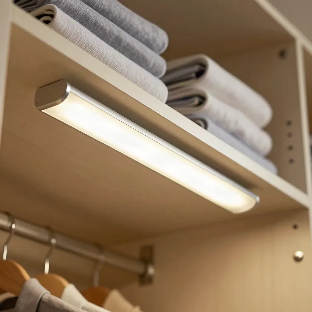 Barra LED ricaricabile per armadio in alluminio opalino, con camicie piegate e grucce sfocate.