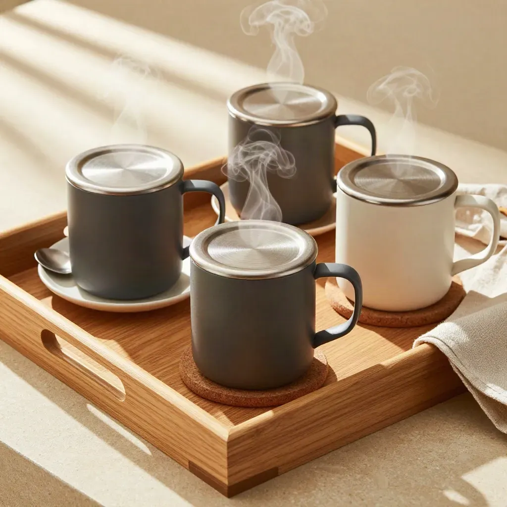 Tre tazze termiche su vassoio di legno chiaro con vapore di caffè e accessori coordinati
