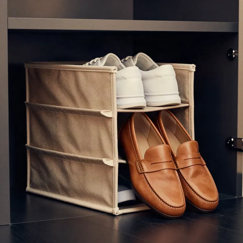 Organizer scarpe pieghevole con sneakers e mocassino sotto la mensola dell’armadio