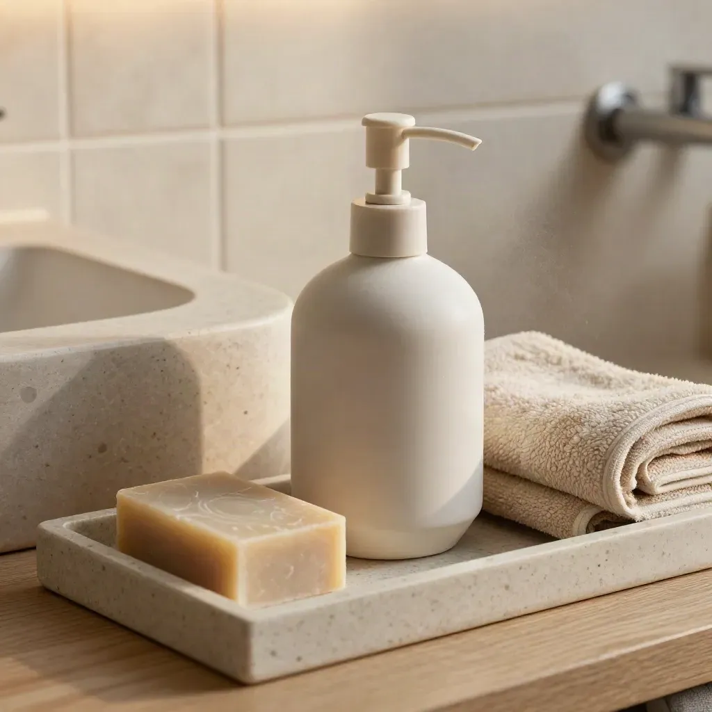 Dispenser sapone opaco in ceramica su travertino con asciugamano arrotolato e saponetta.