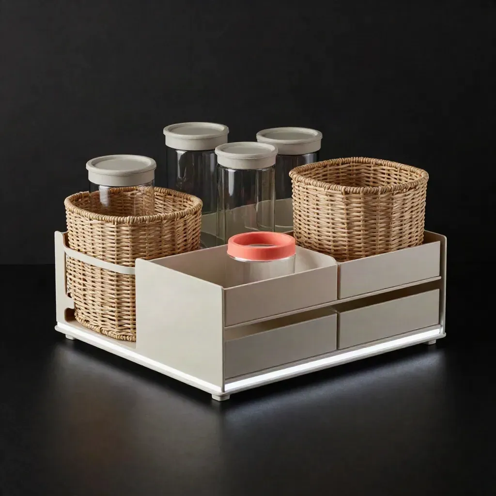 Kit organizzazione casa con cestini, dispenser, barattoli e luce LED su sfondo scuro.