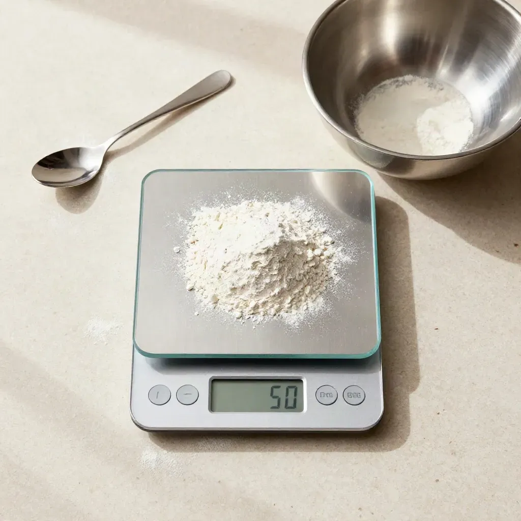 Bilancia da cucina in vetro con ciotolina, cucchiaino e farina su fondo chiaro