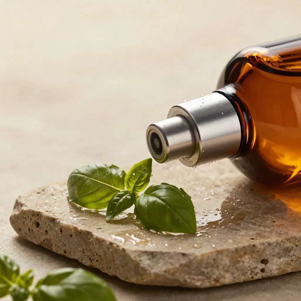Spruzzatore d’olio in vetro ambrato che nebulizza olio su pietra, con basilico e metallo