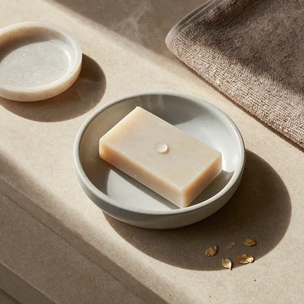 Porta sapone in ceramica con saponetta, travertino e asciugamano piegato, vista dall’alto
