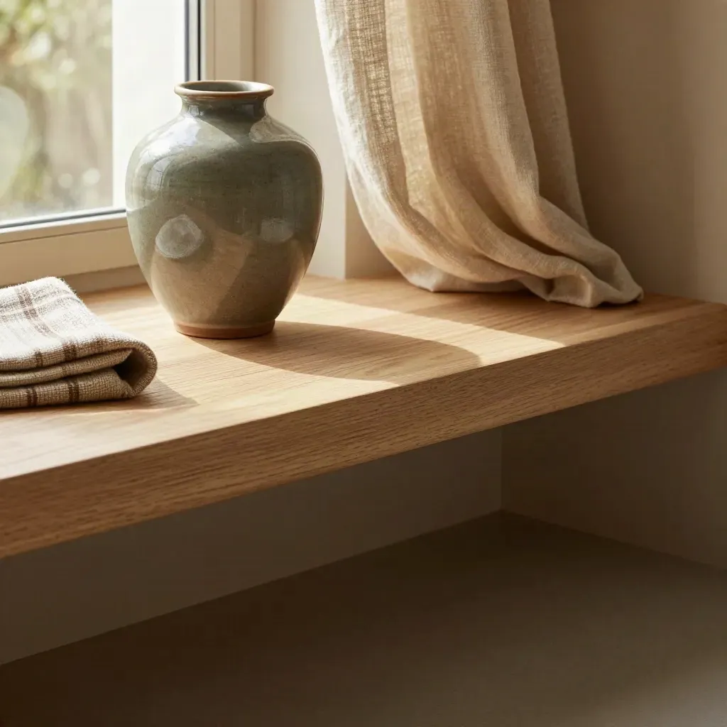 Zona casa luminosa con legno chiaro, tenda morbida, vaso ceramico e plaid sfocato