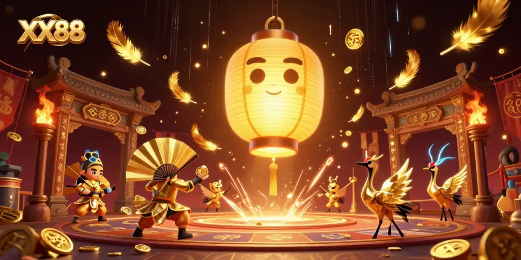 Experience a vibrant XX88 casino scene with a golden lantern spirit and dynamic game elements.
