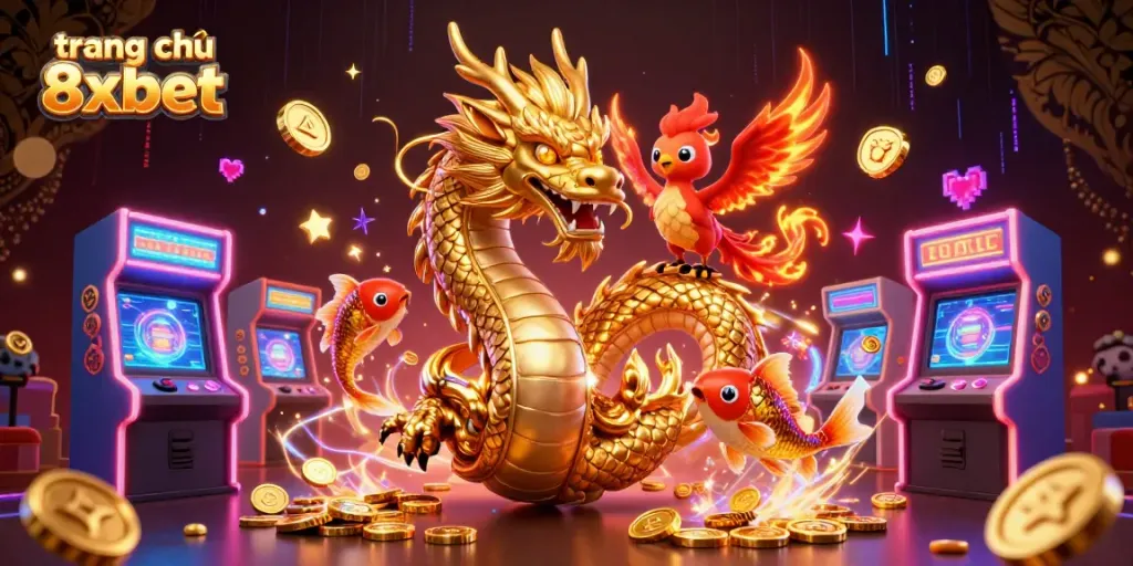 Experience the thrilling trang chủ 8xbet with a fierce dragon, a phoenix, and a koi fish amidst a cascade of riches.