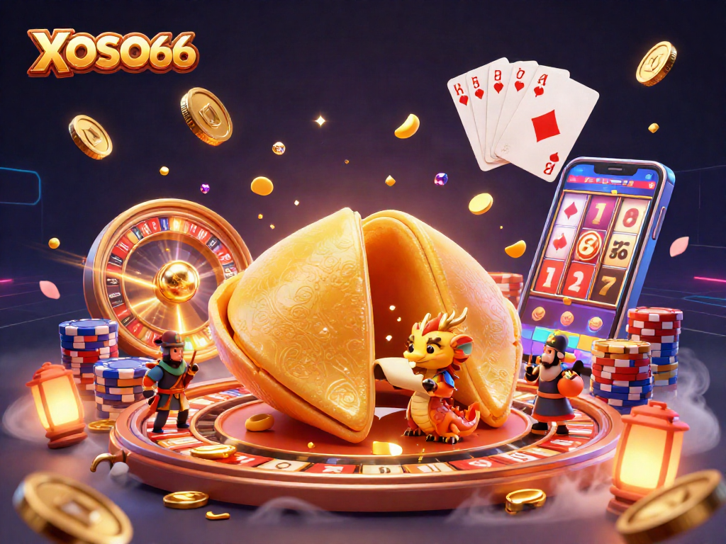 XOSO66 engages gamblers with captivating gold and fortune in a vibrant 3D casino scene.