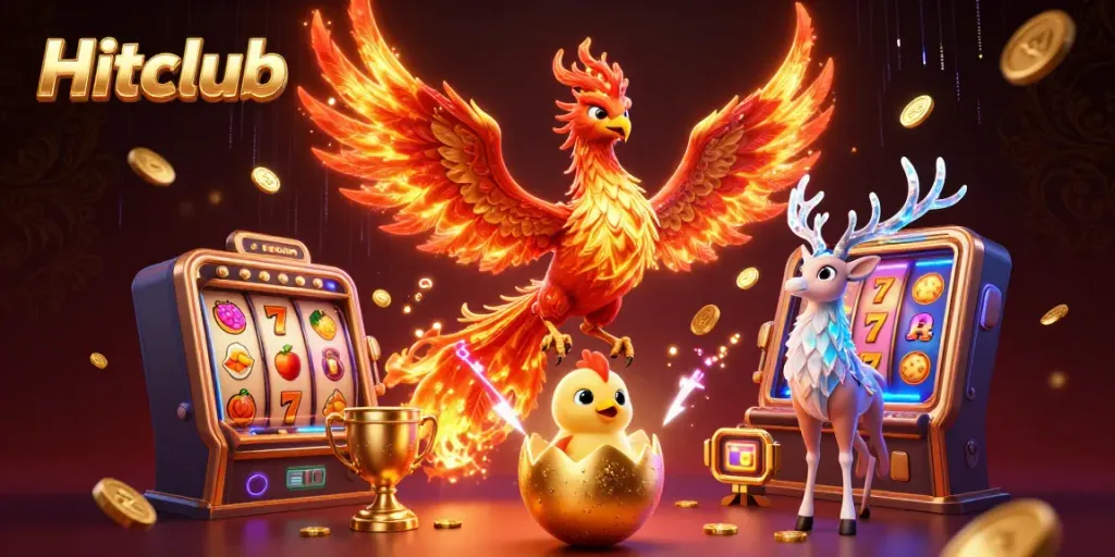 Hitclub offers thrilling gaming with a phoenix and stag surrounded by jackpot reels and gold coins.